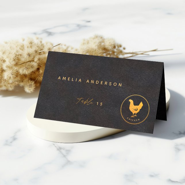 Carte De Placement Nourriture de mariage chic poulet noir et or (Créateur téléchargé)