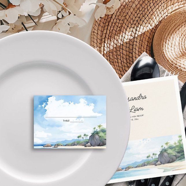 Carte De Placement Nuit de Plage Aquarelle Horizon tropical (Wedding table place cards from the Summer Beach Wedding Collection by Darling & May)