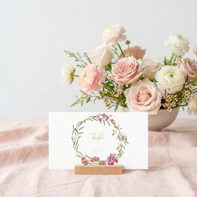 Carte De Placement Numéro de la table de couronnes de fleurs roses et (Pink and purple flower wreath table number place card.)