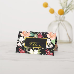 Carte De Placement Numéro de table   Bienvenue Elegant Black Gold Flo