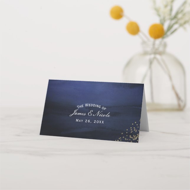 Carte De Placement Numéro de table bleu or aquarelle moderne siège (Devant)