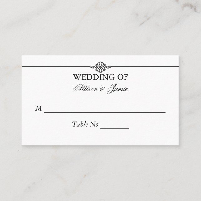 Carte De Placement Numéro de table de Mariage blanc noir classique si (Devant)