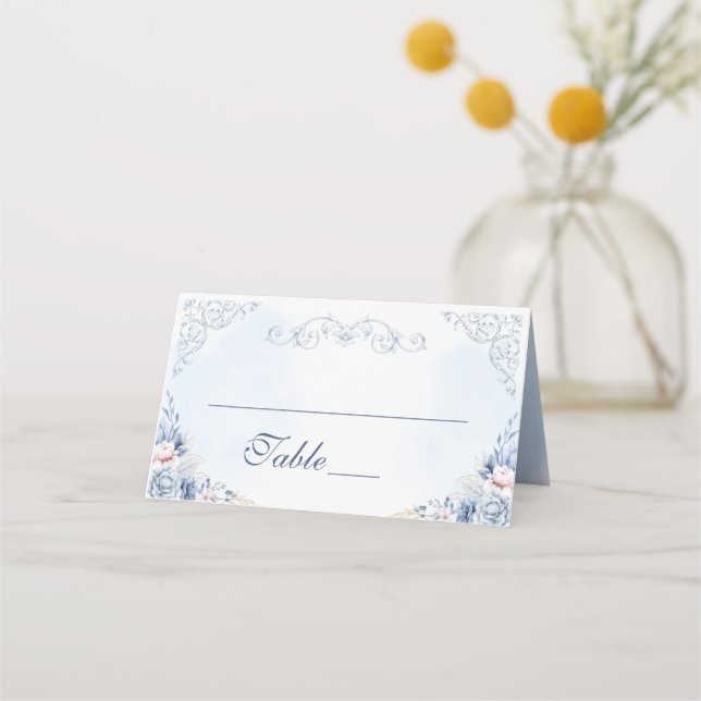 Carte De Placement Numéro de table de mariage floral bleu poussiéreux (Devant)