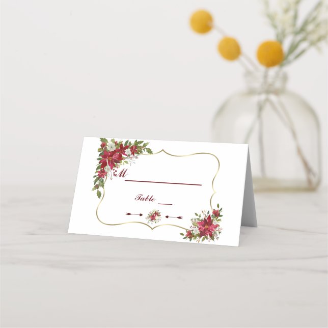 Carte De Placement Numéro de table or Poinsettia Rouge Blanc Noël (Dos)