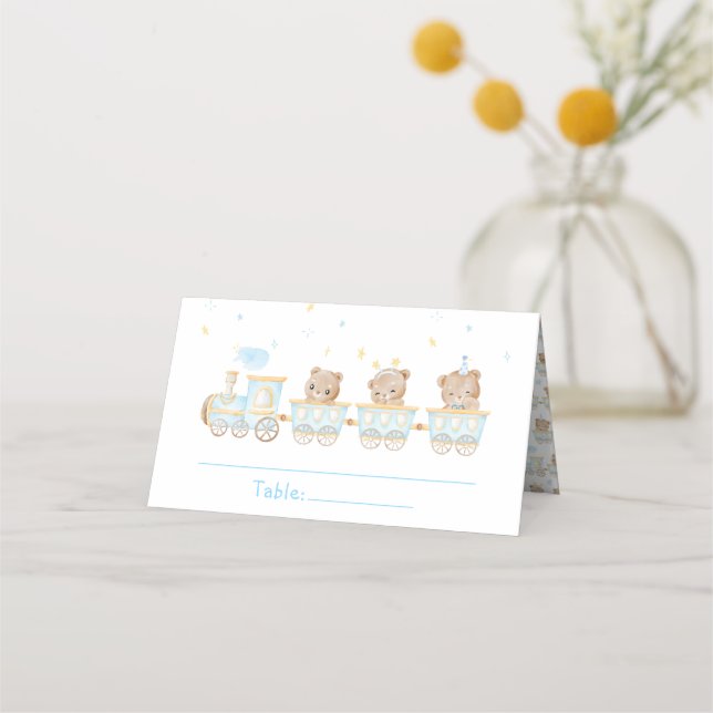 Carte De Placement Numéro de table pour Baby Shower Train Bleu Ours (Devant)