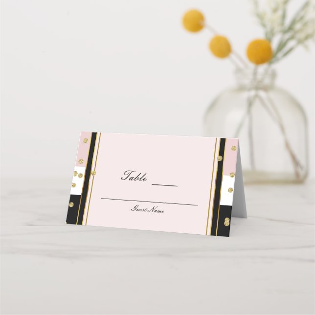 Carte De Placement Numéro de table Rose Pâle Noir Blanc & Or (Dos)
