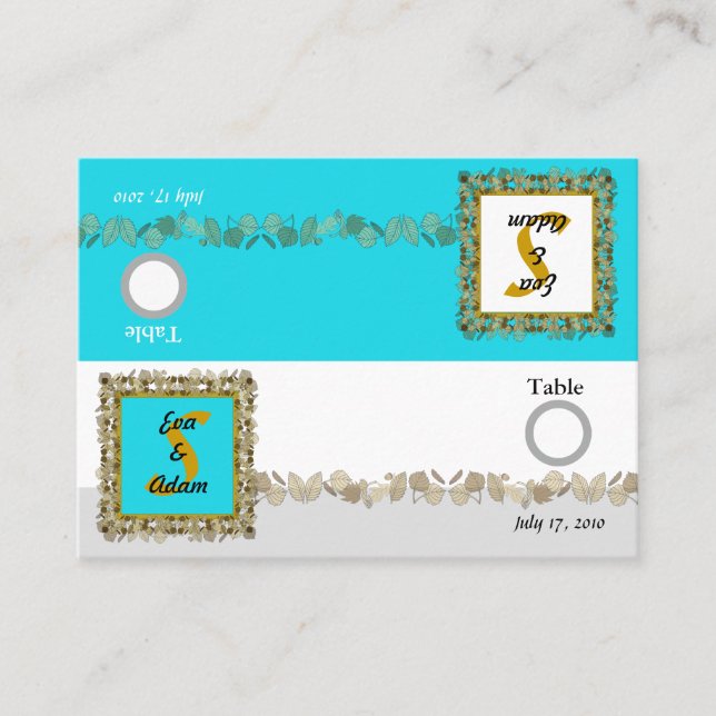 Carte De Placement Numéro de tableau Feuille d'or bleu Mariage (Devant)