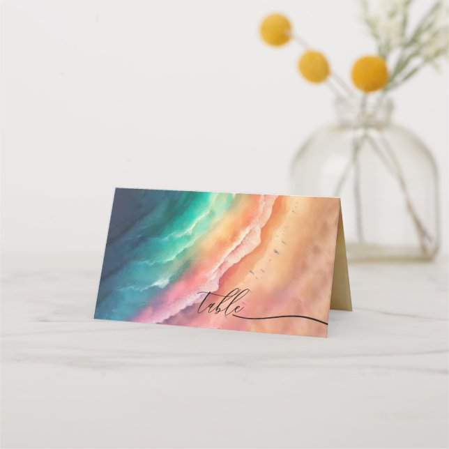 Carte De Placement Océan Vert Rose Plage Verte Mariage Aquarelle (Devant)