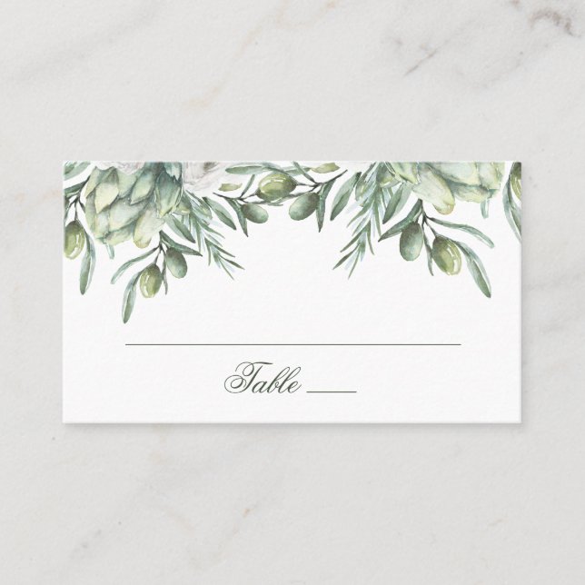 Carte De Placement Olives aquarelles. Mariage italien floral d'été (Devant)