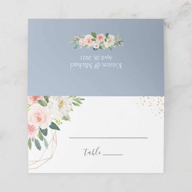 Carte De Placement Or Blush rose Floral Dusty Blue Mariage (Extérieur déplié)