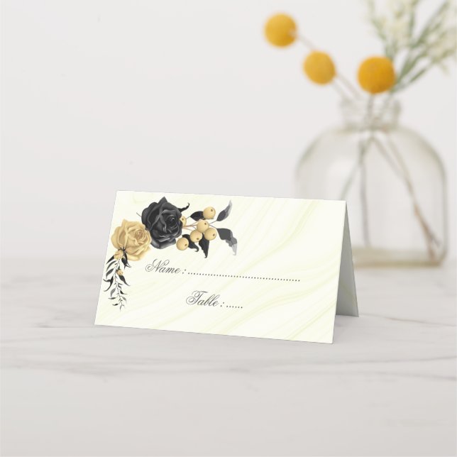 Carte De Placement or élégant et fleurs noires (Devant)