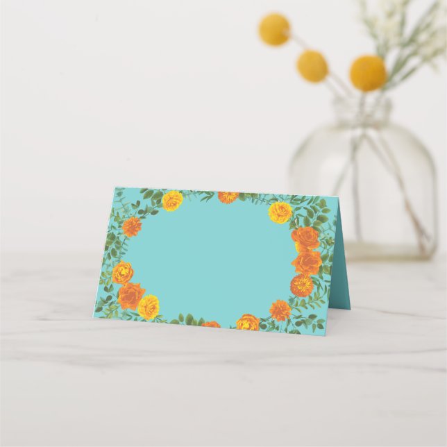 Carte De Placement Orange & Aqua Mariage Floral moderne (Devant)