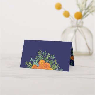 Carte De Placement Orange & Marine Blue Peony & Rose Floral Mariage
