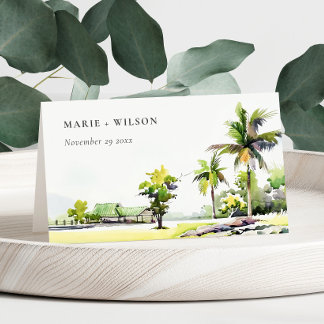 Carte De Placement Palmiers côtiers tropicaux Mariage d'aquarelle