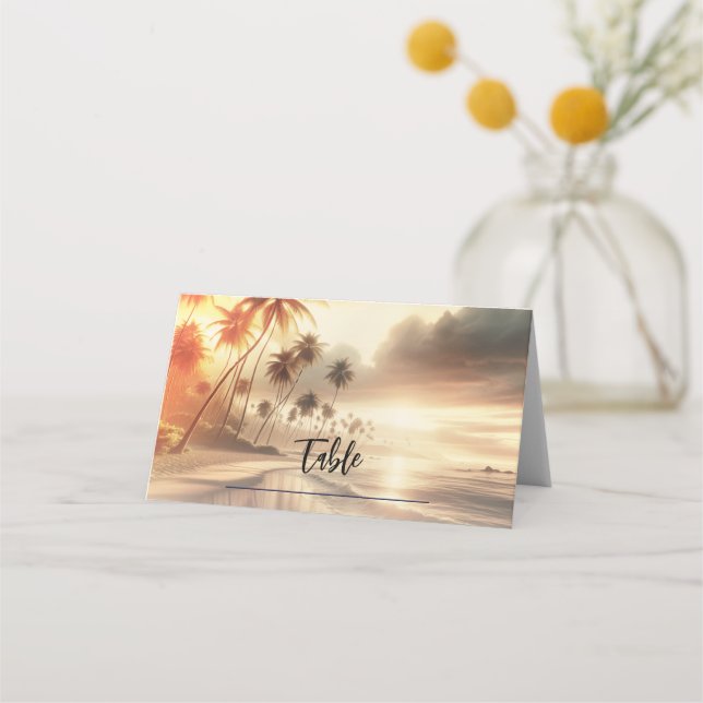 Carte De Placement Palmiers & Orange Sunset Beach Mariage (Devant)