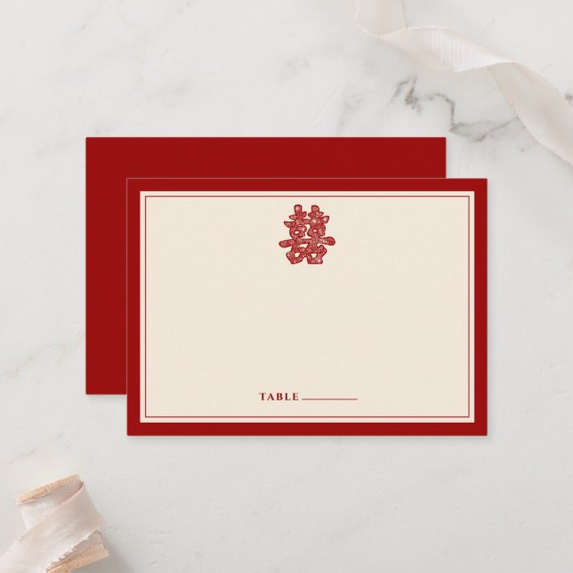 Carte De Placement Papier floral coupé Double bonheur Mariage chinois (Devant/Arrière en situation)