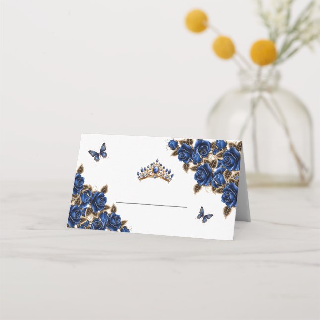 Carte de placement papillon Roses Dorées Bleu Mari (Devant)