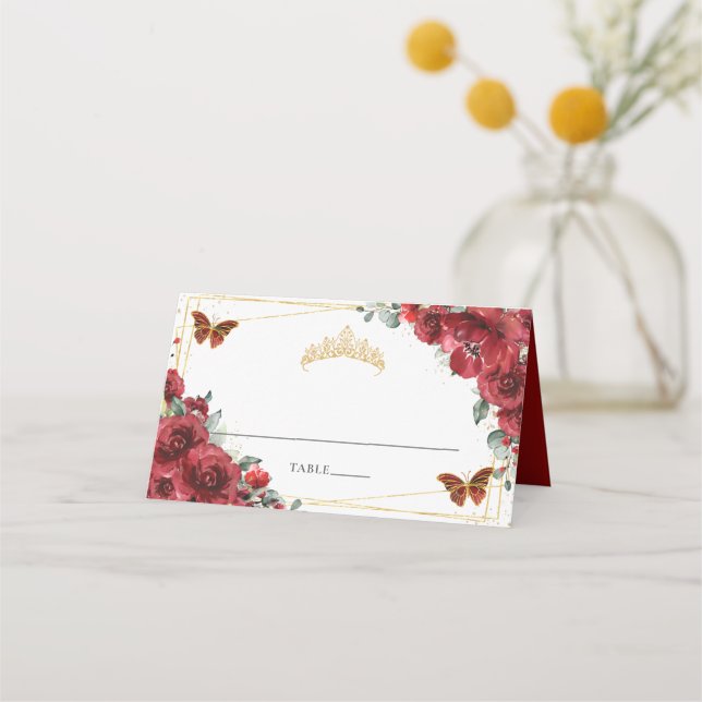 Carte De Placement Papillons floraux rouges Quinceañera 16e anniversa (Devant)