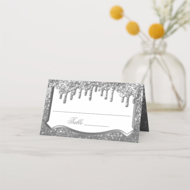 Carte De Placement Parties scintillant argentée avec goutte d'or (Devant)