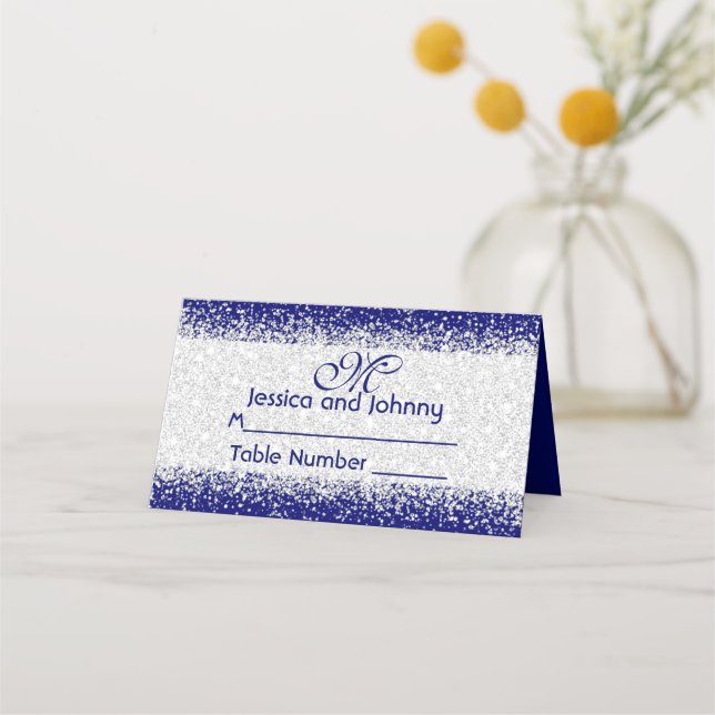 Carte De Placement Parties scintillant d'argent Confetti et Royal Blu (Devant)