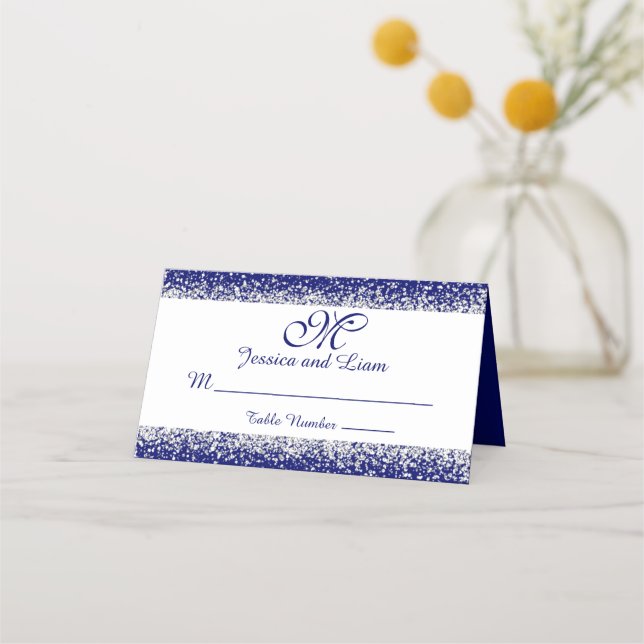 Carte De Placement Parties scintillant d'argent Confetti et Royal Blu (Devant)