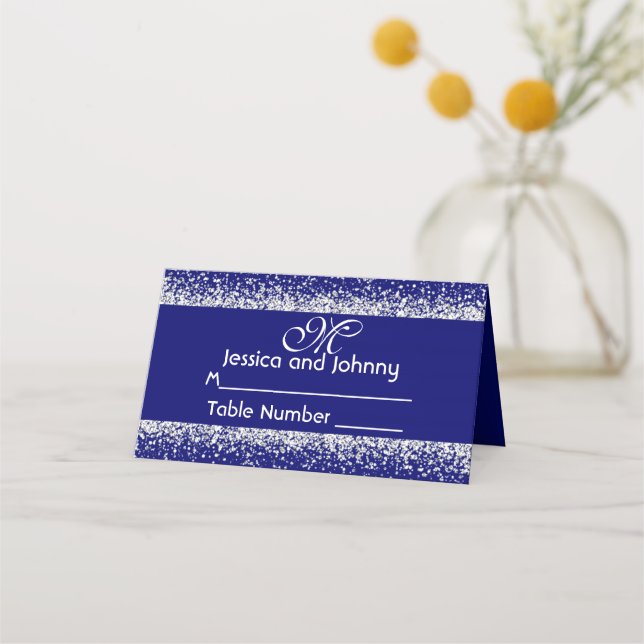 Carte De Placement Parties scintillant d'argent Confetti et Royal Blu (Devant)