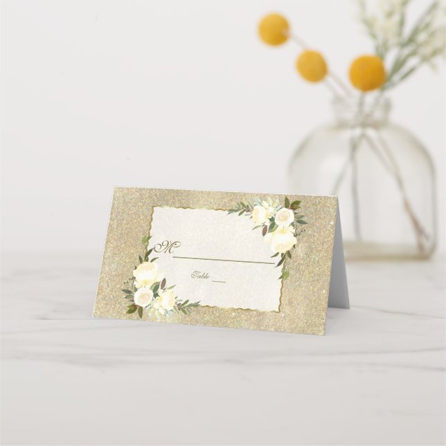 Carte De Placement Parties scintillant d'or Mariage floral blanc Numé (Devant)