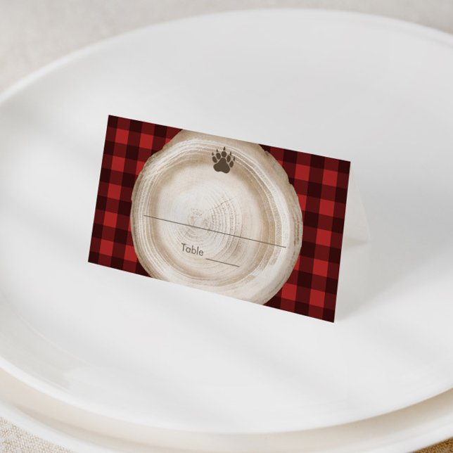 Carte De Placement Pâte de bison de bûcheron (Lumberjack bear paw print red black buffalo check place cards, buffet cards or food tents)