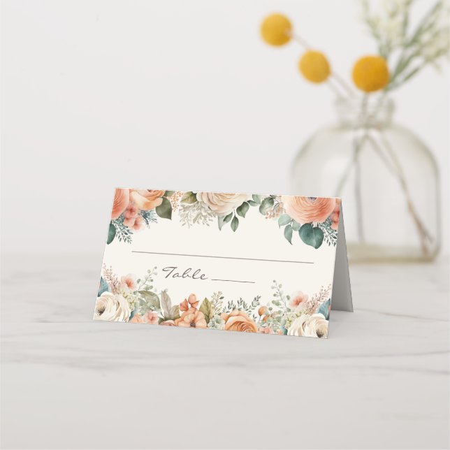Carte De Placement Peach White Floral Eucalyptus Monogram Mariage (Devant)