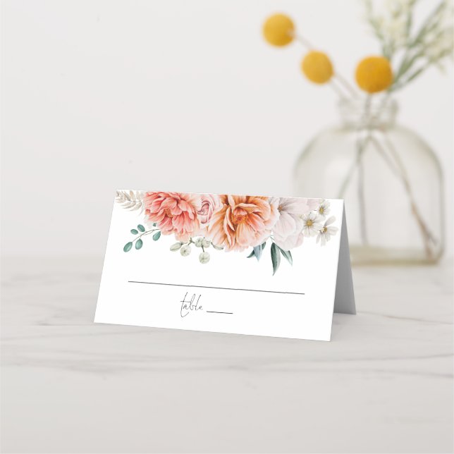 Carte De Placement Peonies de pêche de corail Mariage de script (Devant)