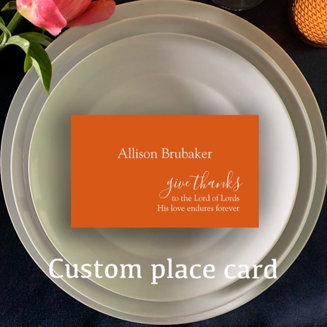 Carte De Placement Personnalisé Burning Orange Donner Merci Thanksgiv (Personalize these burnt orange Thanksgiving place cards. Elegant custom Give thanks scripture.)