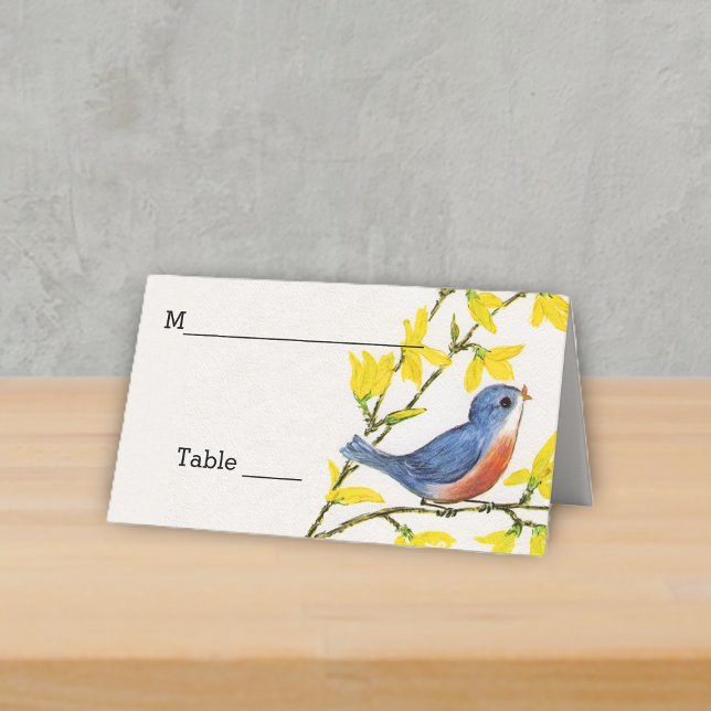 Carte De Placement Petit Oiseau Rouge Bleu sur Branche Fleurs Jaunes (Little red blue bird singing on branch yellow flowers on white table place card.)