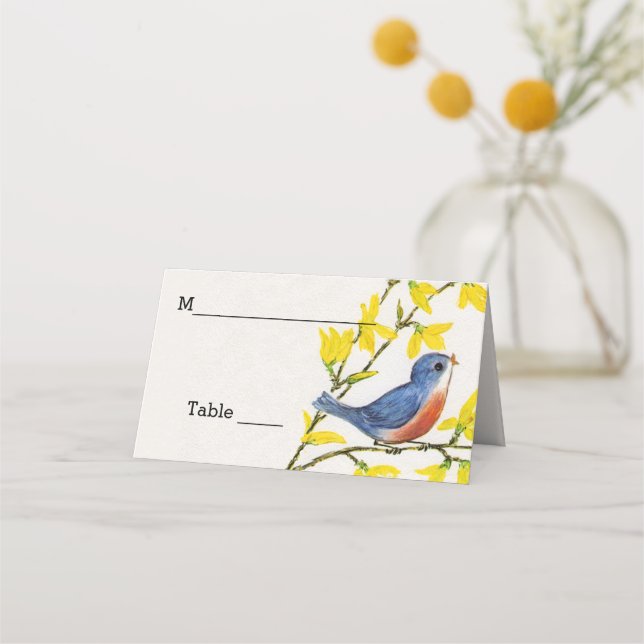 Carte De Placement Petit Oiseau Rouge Bleu sur Branche Fleurs Jaunes (Devant)