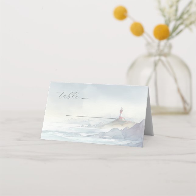 Carte De Placement Phare à l'aquarelle bleu serein (Devant)