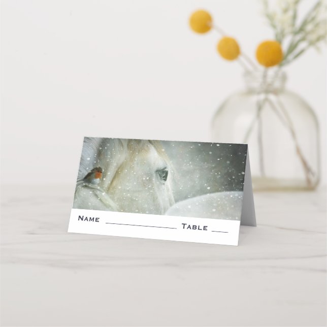 Carte De Placement Photo de White Horse and Bird en hiver (Devant)