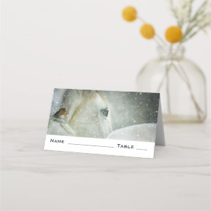 Carte De Placement Photo de White Horse and Bird en hiver