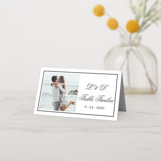 Carte De Placement Photo Elegant noir blanc Mariage Numéro de table (Devant)