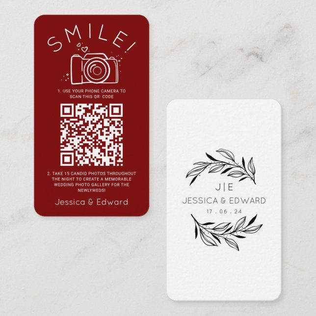 Carte De Placement Photos mémorables Qr Code Rouge Chic Mariage moder (Devant / Derrière)