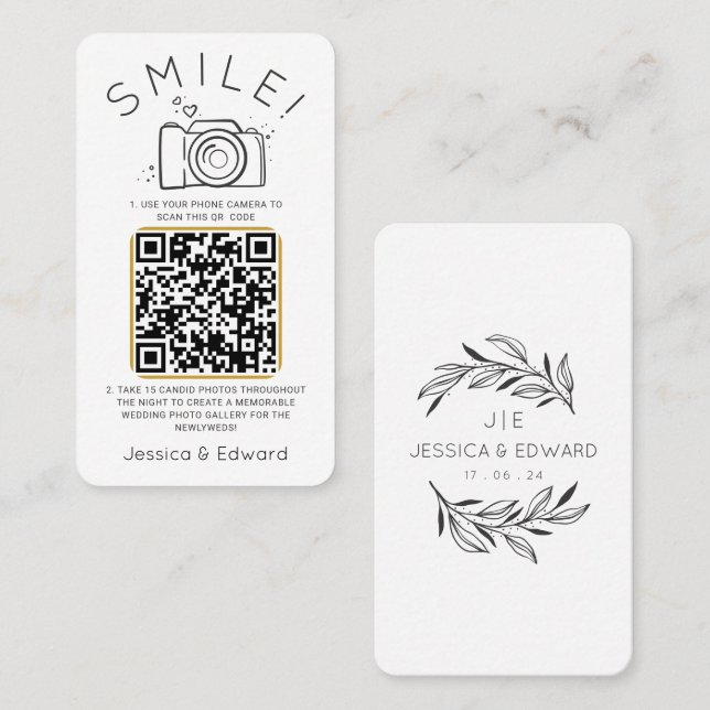 Carte De Placement Photos noires classiques mémorables Qr Code Mariag (Devant / Derrière)