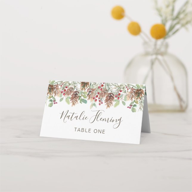 Carte De Placement Pin vert hiver Rouge Berry Mariage de Noël (Devant)