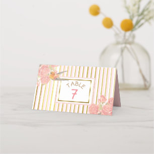 Carte De Placement PInk Floral Gold Bird Mariage Numéro de table