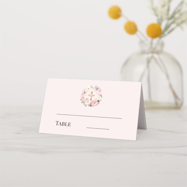 Carte De Placement Pink floral wreath gold cross baptism (Devant)