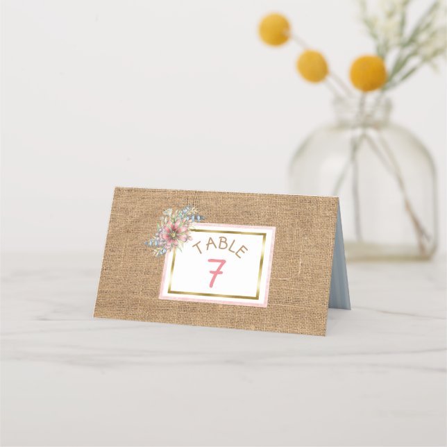 Carte De Placement PInk Rustic Burlap Floral Mariage Numéro de table (Devant)