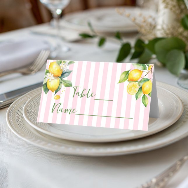 Carte De Placement Pink Stripe Citrus Lemon Ciao Bambina Place Card (Pink Citrus lemon Baby Shower decor table place card)