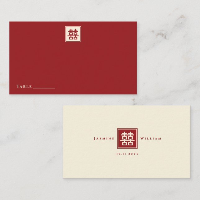 Carte De Placement Place Rouge Double Bonheur Mariage Chinois Simple (Devant / Derrière)