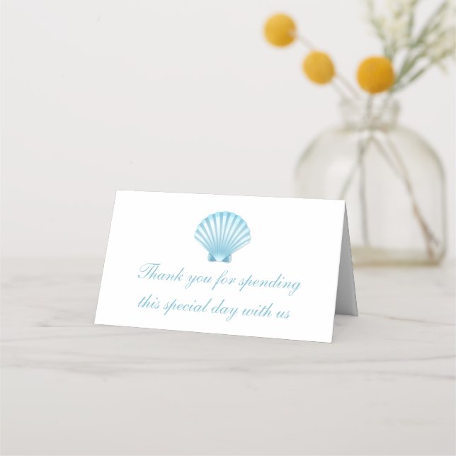 Carte De Placement Plage Bleu Nautique Coquillage Mariage Merci (Devant)