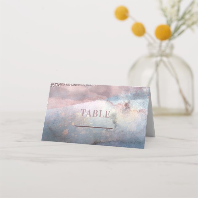 Carte De Placement Plan de table aquarelle moderne bleu et or rose (Devant)
