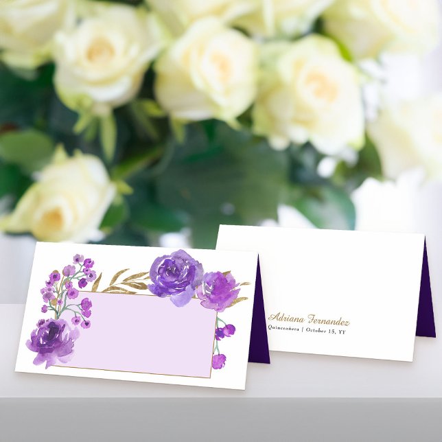 Carte De Placement Plaque de nom de Rose pourpre et feuille d'or (Purple floral place cards from my Rose and Gold Leaf quinceanera collection)