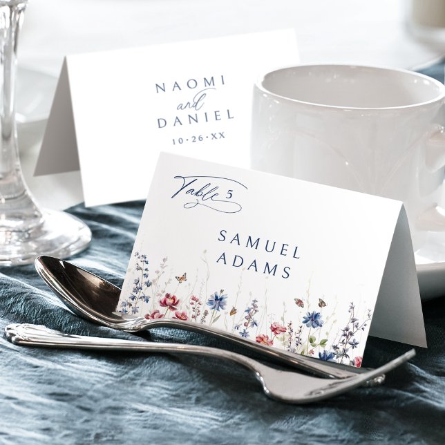 Carte de placement pliable Fleur sauvage aquarelle (Navy Watercolor Wildflower Foldable Place Card)