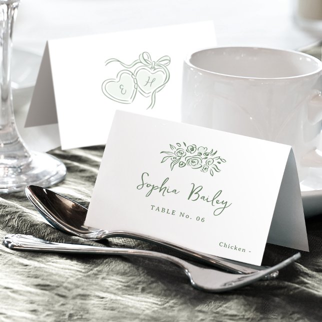 Carte de placement pliable florale dessinée à la m (Sage Hand Drawn Floral Foldable Place Card)